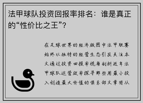 法甲球队投资回报率排名：谁是真正的“性价比之王”？